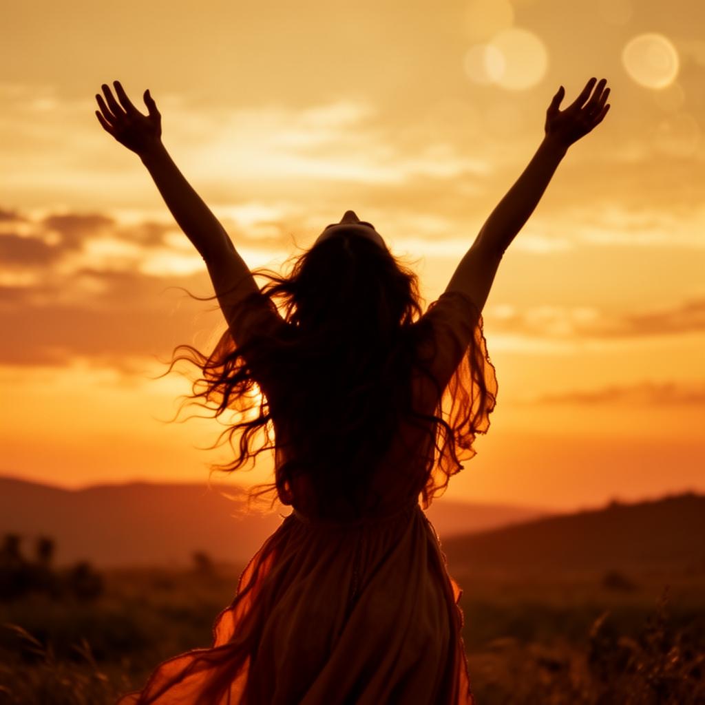 Silhouette of a woman with arms raised in liberation against a golden sunset